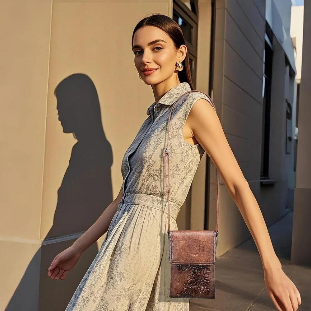 Small Vegan Leather Crossbody Bag Stylish Embossed Flower Design Women's